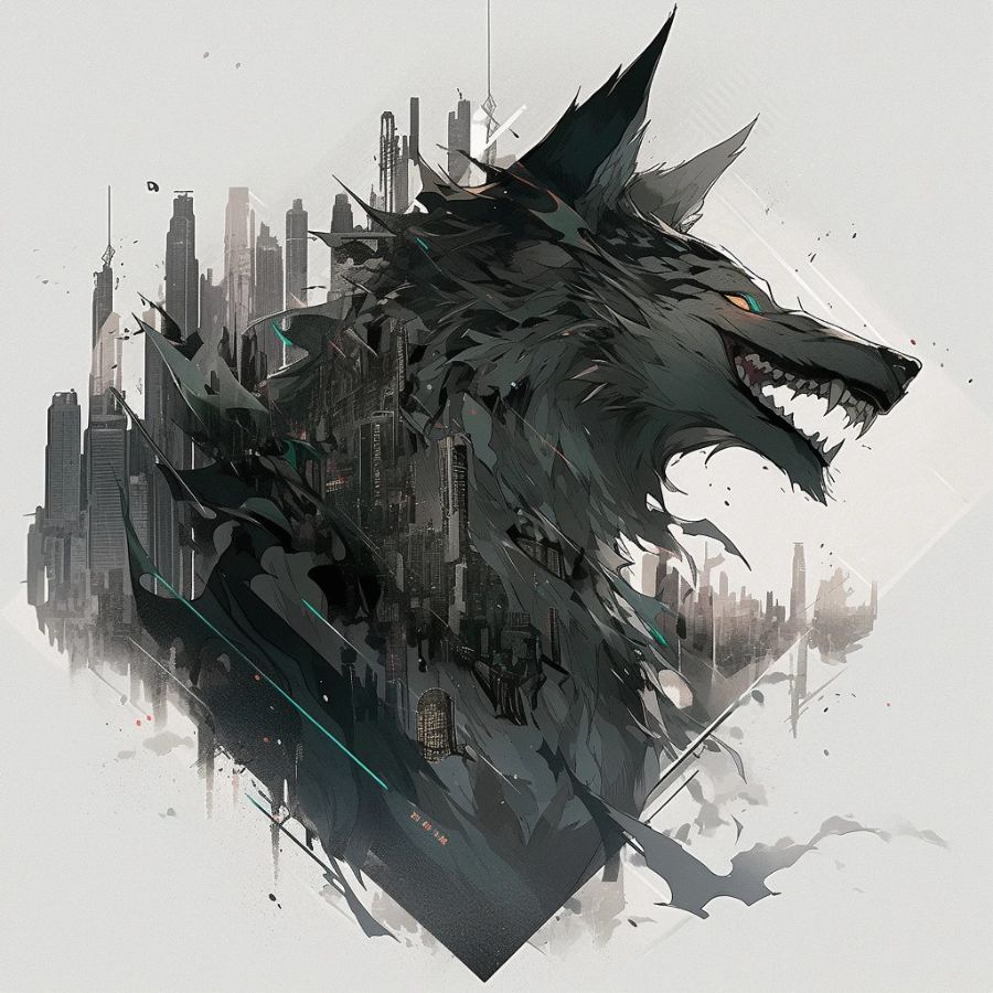 Taris wolf artwork: a dark wolf rising out of a city skyline